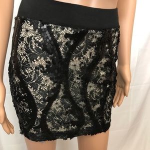 Iz Byer Lace & Sequin Black & Nude Mini Skirt Sz S